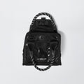 A Base Camp Mini Tote by The North Face, featuring a black and white design with a rope handle and made from recycled fabric, is set against a plain white background.