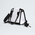 The North Face's Base Camp Mini Tote, made from recycled fabric, features a white and black trapezoidal design with internal organization, a detachable shoulder strap, and a striped handle against a plain background.