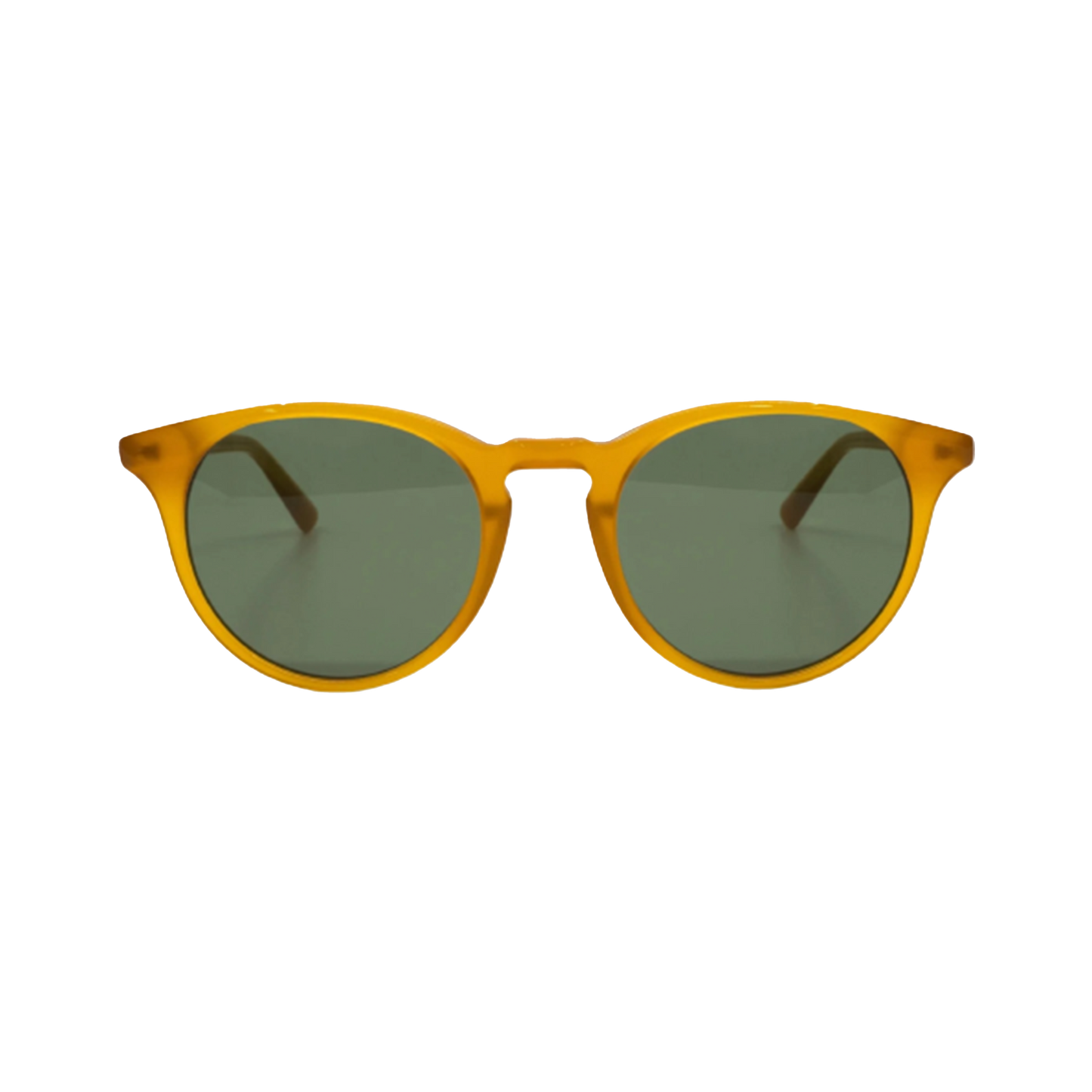 The New Depp sunglasses by Messyweekend feature an amber acetate frame with green-tinted lenses, providing UV400 protection for all-day comfort. Styled as unisex eyewear, they are perfect against a plain background.