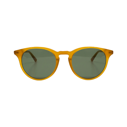 The New Depp sunglasses by Messyweekend feature an amber acetate frame with green-tinted lenses, providing UV400 protection for all-day comfort. Styled as unisex eyewear, they are perfect against a plain background.