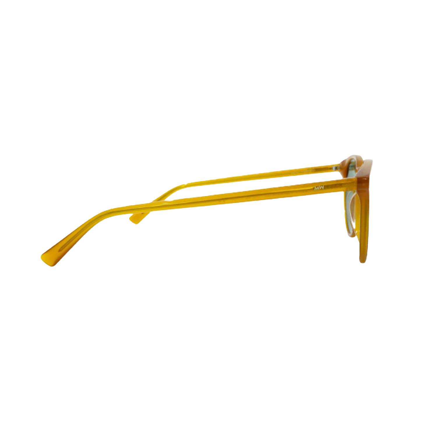 Side view of Messyweekend's New Depp eyeglasses in yellow with round acetate frames. These unisex Amber/Green sunglasses offer UV400 protection, blending modern style and eye safety against a plain background.