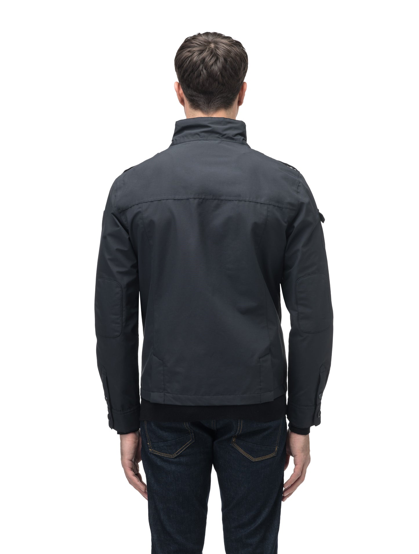 Back view of a man wearing the Admiral Men's Jacket and jeans, with advanced fabric technology from Nobis, perfect for facing forward with confidence.