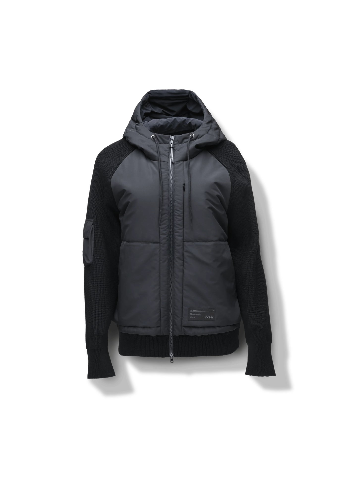 Introducing the Hedge Men's Performance Hoodie by Nobis, a luxurious hoodie available in black and dark gray. It features a sleek design with a front zipper and an additional pocket on the sleeve. Set against a white background, this hoodie combines style with subtle water resistance for modern wearers.