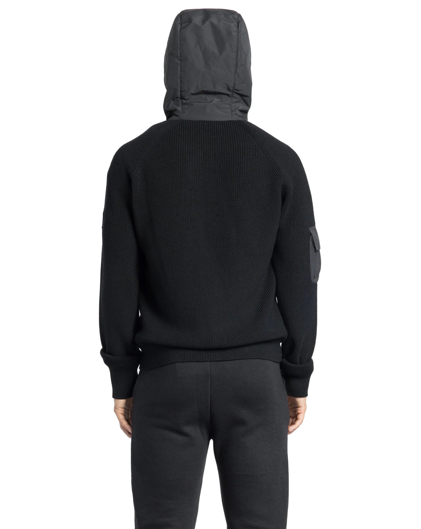A person is seen from the back, draped in a Hedge Men's Performance Hoodie by Nobis with matching pants, set against a white background.