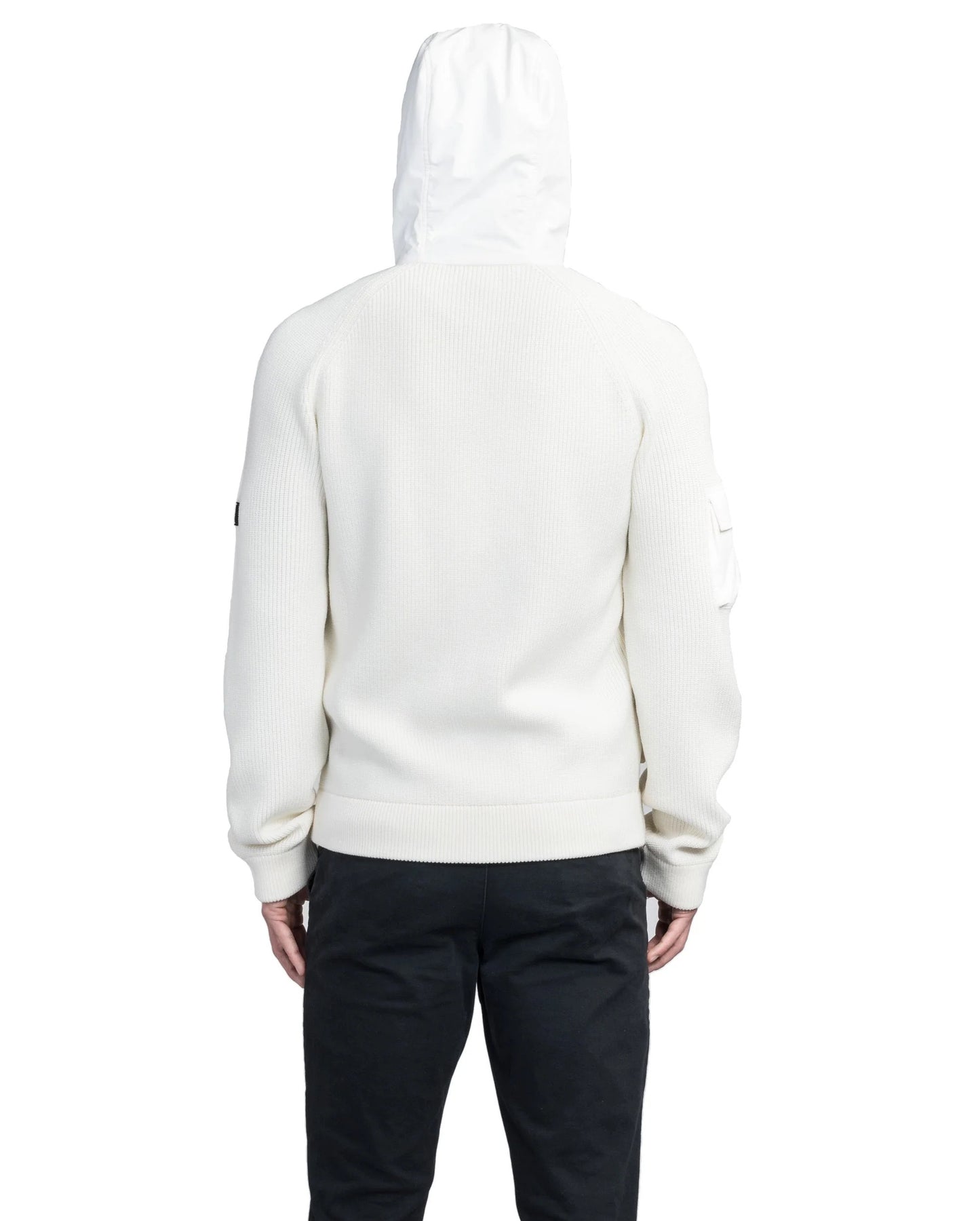Person wearing a luxurious Hedge Men's Performance Hoodie by Nobis and black pants, facing away.