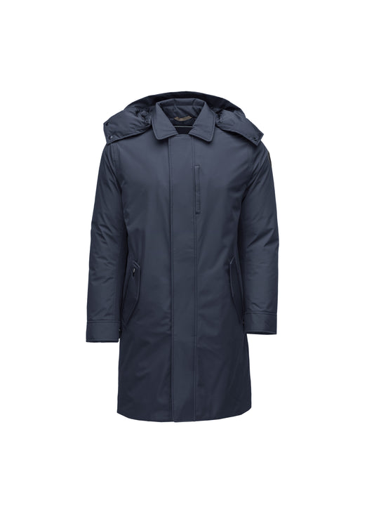 Nord Men's Tailored Trench Coat by Nobis in dark navy, featuring a hood, front zipper, and two side pockets, enhanced with technical DNA.