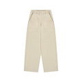 The Kappy One Tuck Wide Fatigue Pant is a beige, straight-leg unisex style in one size, featuring an elastic waistband, button closure, and two front patch pockets. Displayed flat on a white background.