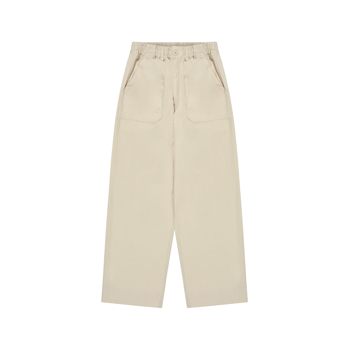 The Kappy One Tuck Wide Fatigue Pant is a beige, straight-leg unisex style in one size, featuring an elastic waistband, button closure, and two front patch pockets. Displayed flat on a white background.
