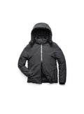 The Oliver Men's Reversible Puffer Jacket from Nobis is a versatile black hooded winter jacket featuring a front zipper and padded material, perfect for transitioning from day to night, beautifully showcased against a plain white backdrop.
