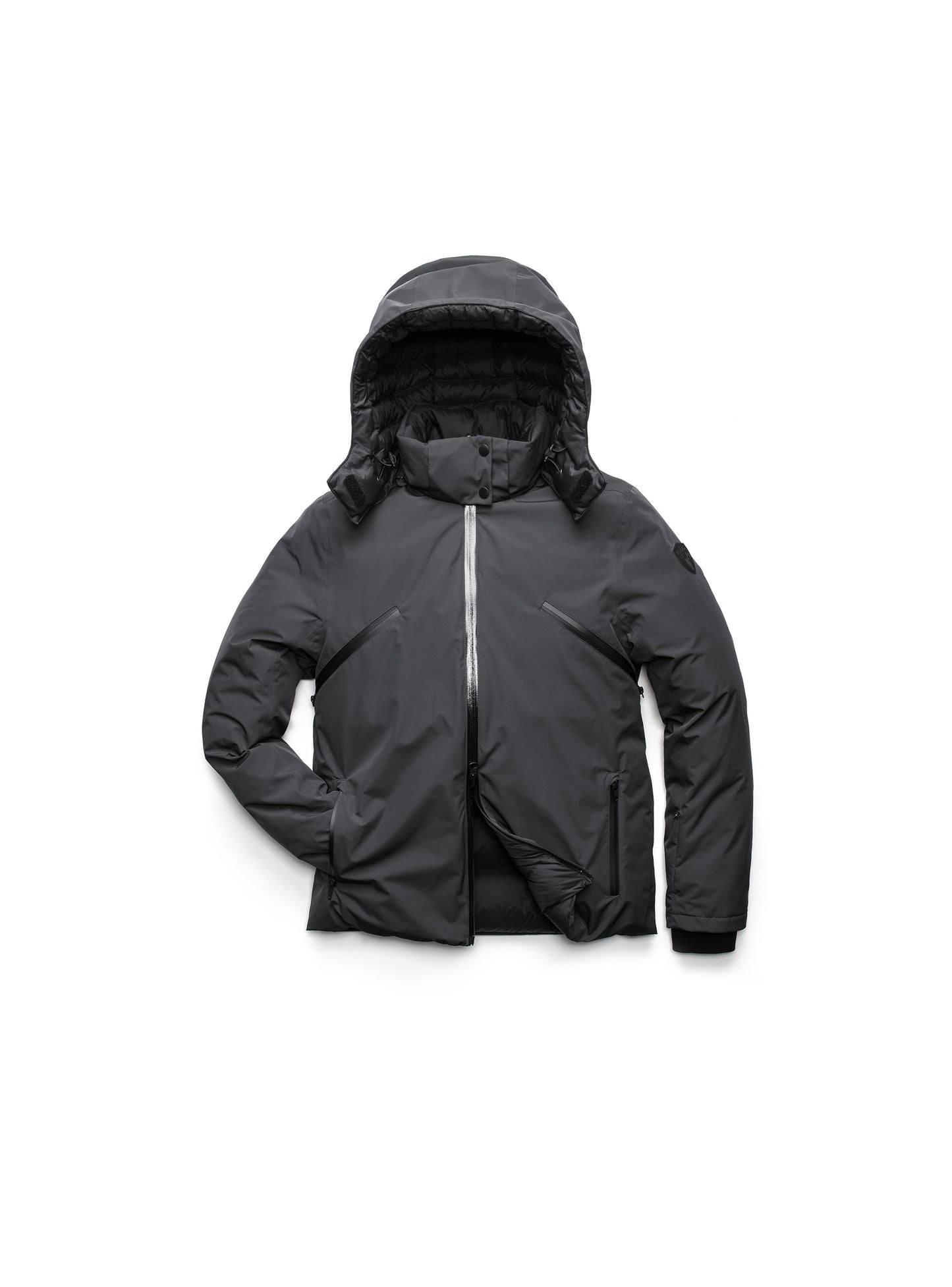 The Oliver Men's Reversible Puffer Jacket from Nobis is a versatile black hooded winter jacket featuring a front zipper and padded material, perfect for transitioning from day to night, beautifully showcased against a plain white backdrop.