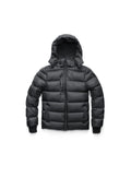 The Oliver Men's Reversible Puffer Jacket by Nobis is black, with a hood, front zipper, and side pockets, shown on a white background.