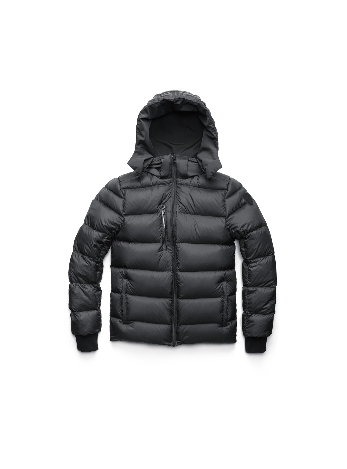 The Oliver Men's Reversible Puffer Jacket by Nobis is black, with a hood, front zipper, and side pockets, shown on a white background.