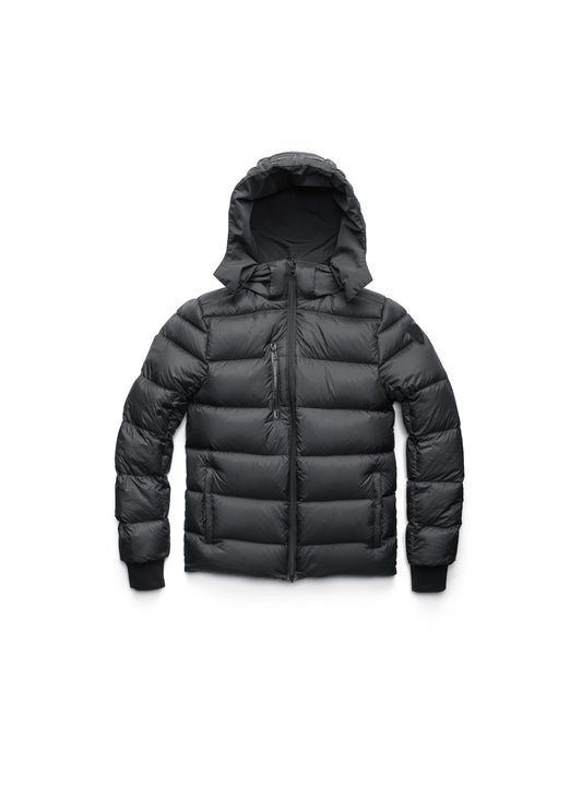 The Oliver Men's Reversible Puffer Jacket by Nobis is black, with a hood, front zipper, and side pockets, shown on a white background.