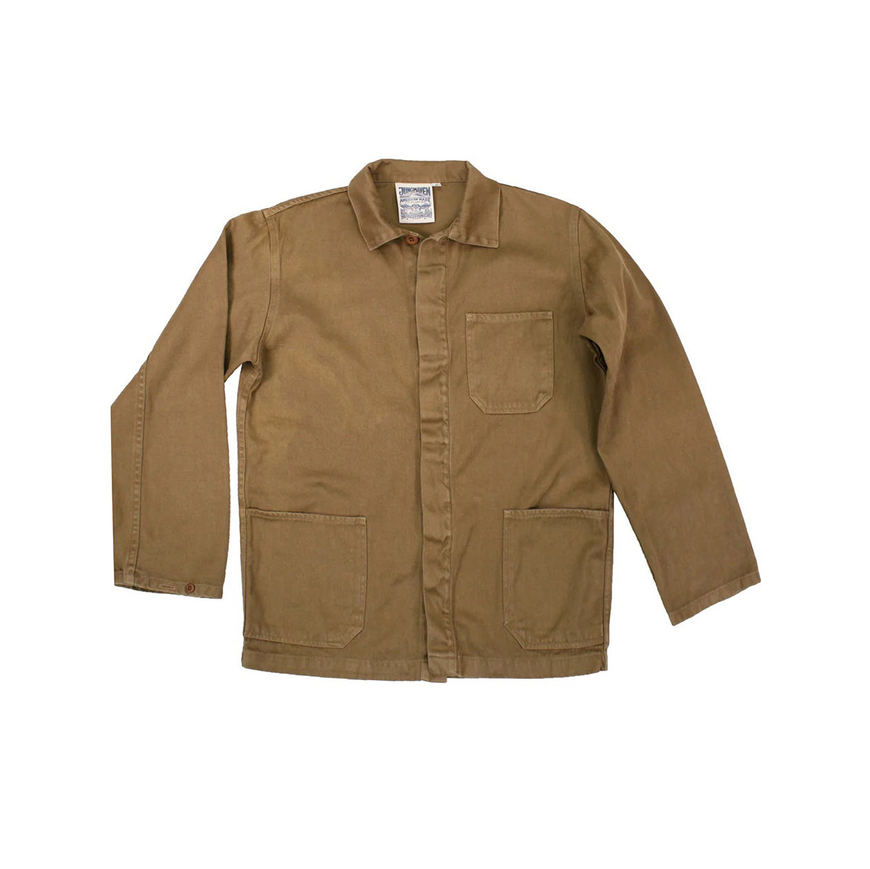 The Jungmaven Olympic Jacket in Coyote is a cotton/hemp twill work coat with a collar, long sleeves, and three front patch pockets. Unisex sizing. Displayed flat on a white background.