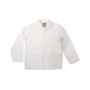 The Jungmaven Olympic Jacket in washed white features long sleeves, a collar, button closure, and three front pockets, shown on a plain white background.