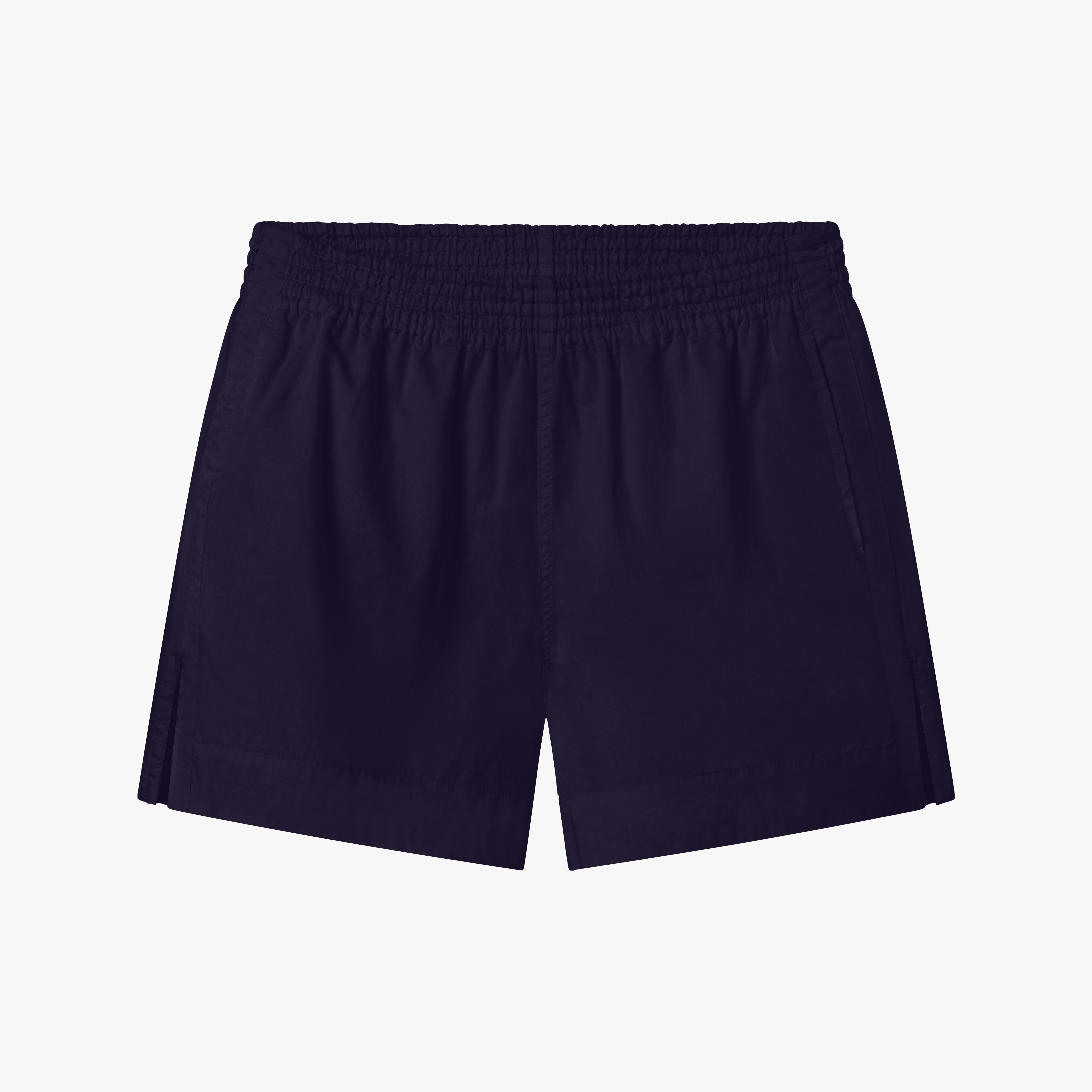 The Left On Friday Port Short is a pair of plain dark navy boxer shorts featuring a comfortable fit, elastic waistband, side pockets, and straight hem, shown on a white background.