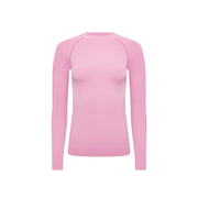 A Johnson top by Halfdays, an ultra-flattering plain pink long-sleeve sweater perfect for an active outdoor fit, showcased on a white background.
