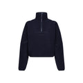 The Pieper Fleece by Halfdays, in black Sherpa, includes a quarter-zip, high collar, and two side drawstrings, ensuring performance durability for any adventure.