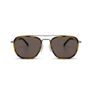 Front view of Messyweekend Quentin aviator sunglasses in Brown/Gold with a handmade metal frame, high-quality UVA+UVB protective brown lenses, tortoiseshell detail, and black temple arms, set against a white background.