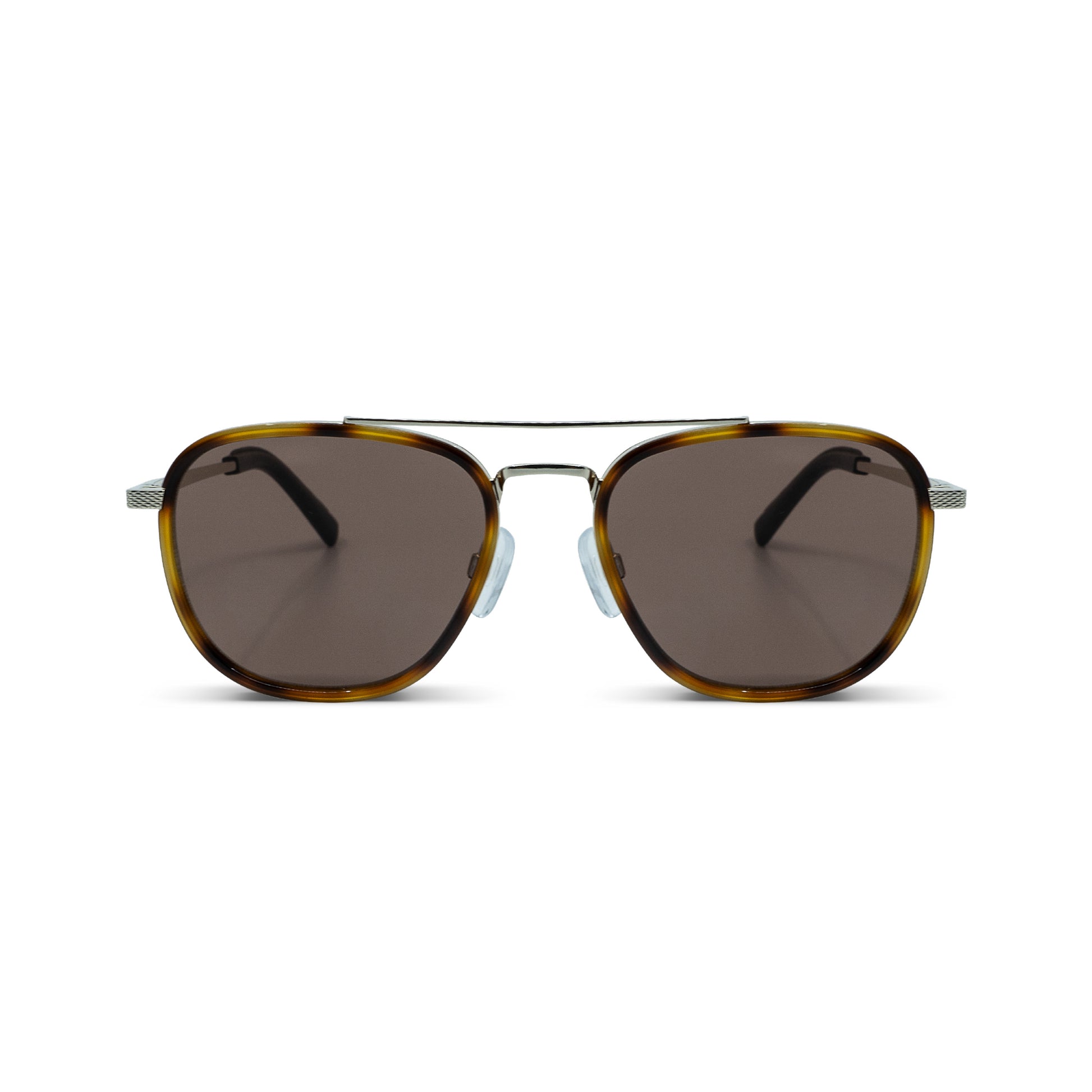 Front view of Messyweekend Quentin aviator sunglasses in Brown/Gold with a handmade metal frame, high-quality UVA+UVB protective brown lenses, tortoiseshell detail, and black temple arms, set against a white background.