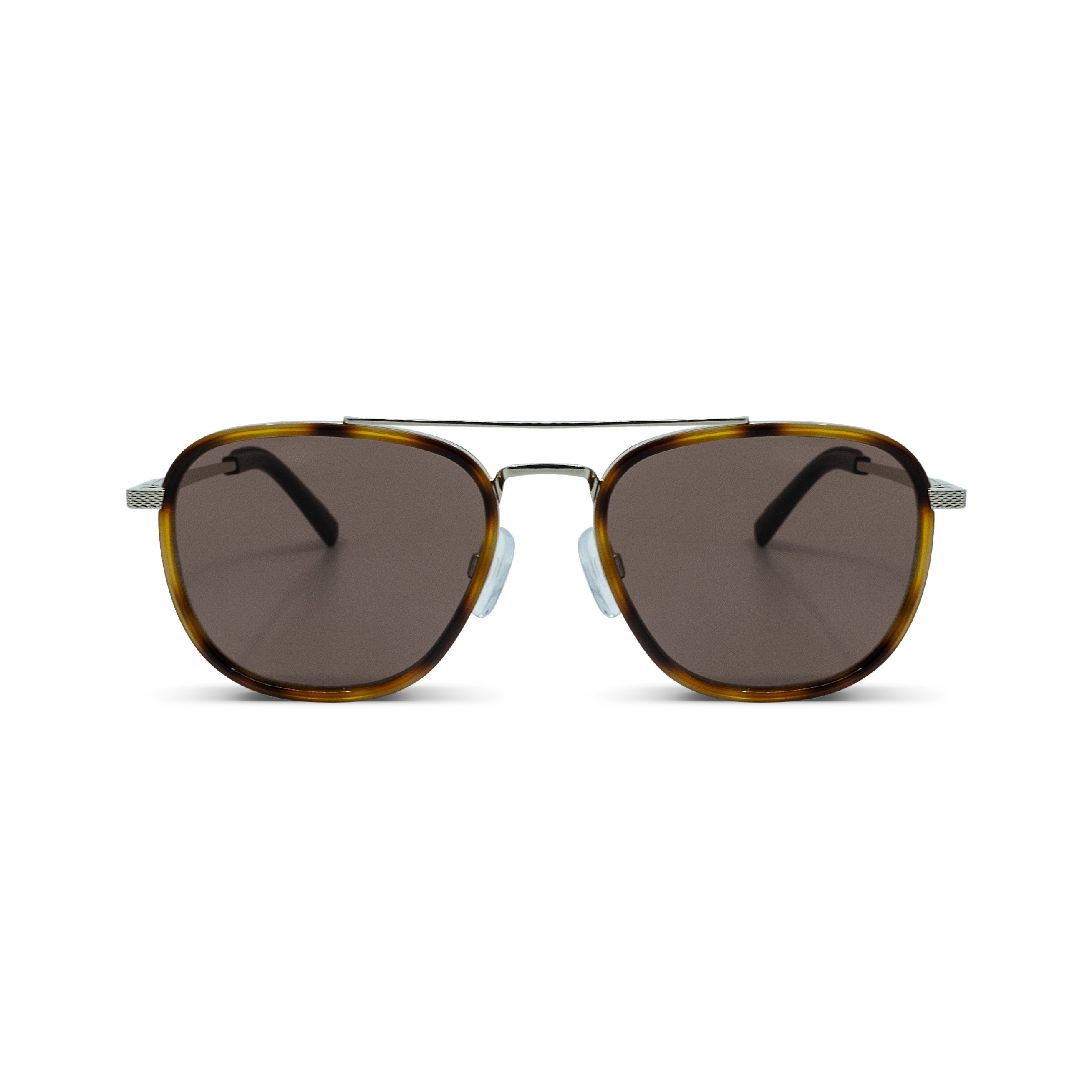 Front view of Messyweekend Quentin aviator sunglasses in Brown/Gold with a handmade metal frame, high-quality UVA+UVB protective brown lenses, tortoiseshell detail, and black temple arms, set against a white background.
