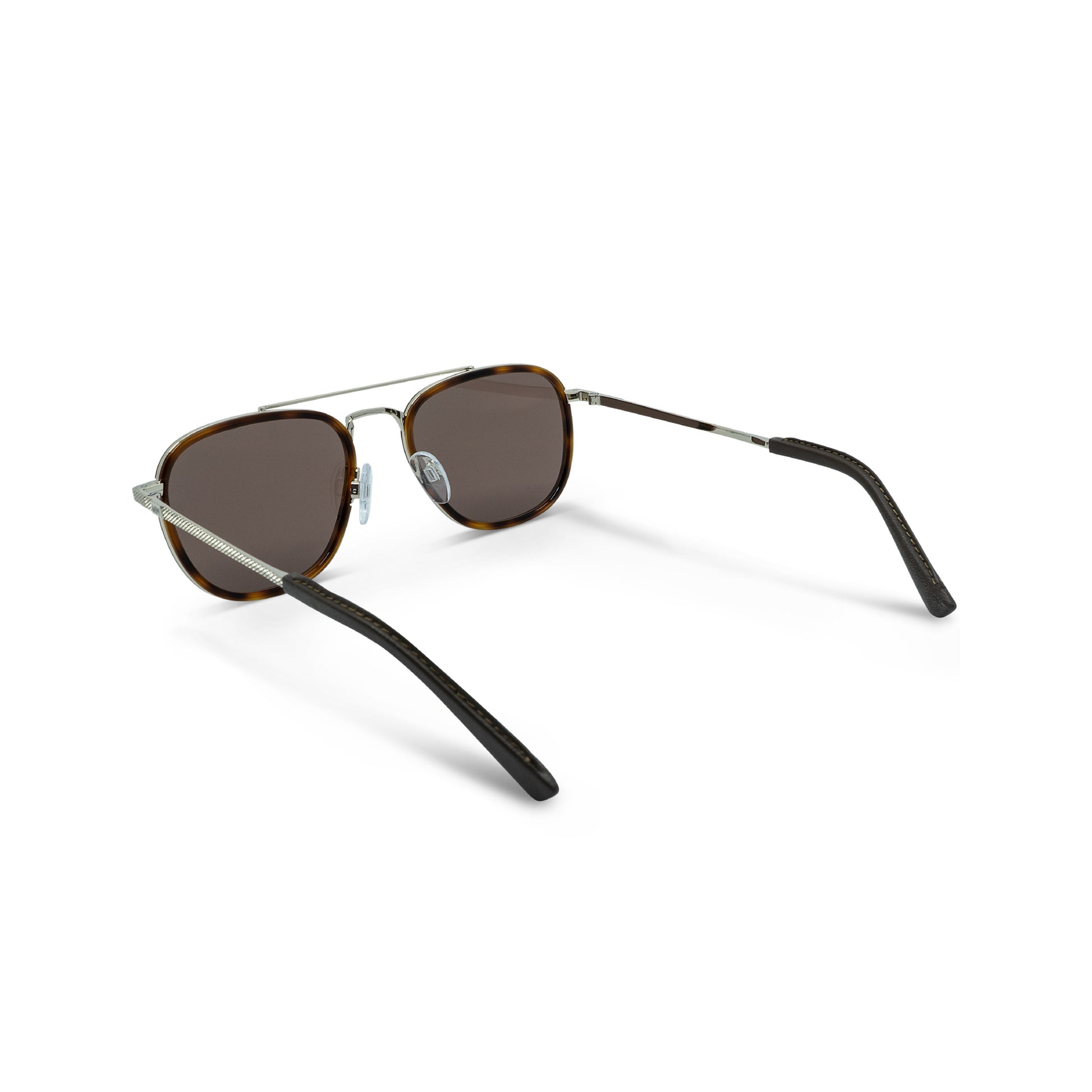 Messyweekend Quentin sunglasses in Brown/Gold feature square brown lenses and a handmade metal frame with black temple tips, shown on a white background.