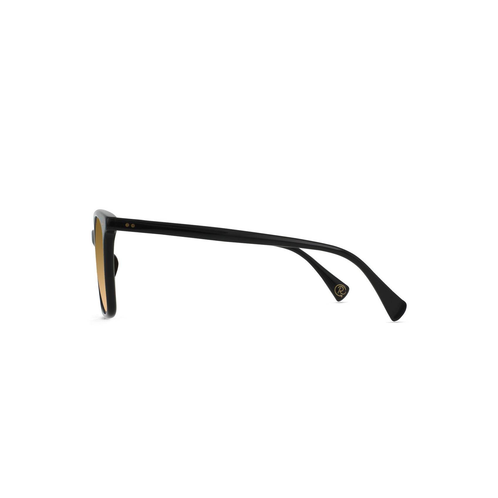 Side view of Raen Optics Darine sunglasses in Recycled Black/Reposado Gradient, featuring unisex black frames, brown-tinted lenses, gold accents at the hinge and temple tip, straight arms, and full UVA/UVB protection.