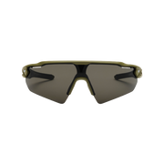 The "Rapid, Army/Grey" sunglasses by Messyweekend are sporty and unisex with dark rectangular lenses and a green, lightweight frame offering superior UV protection when viewed from the front.