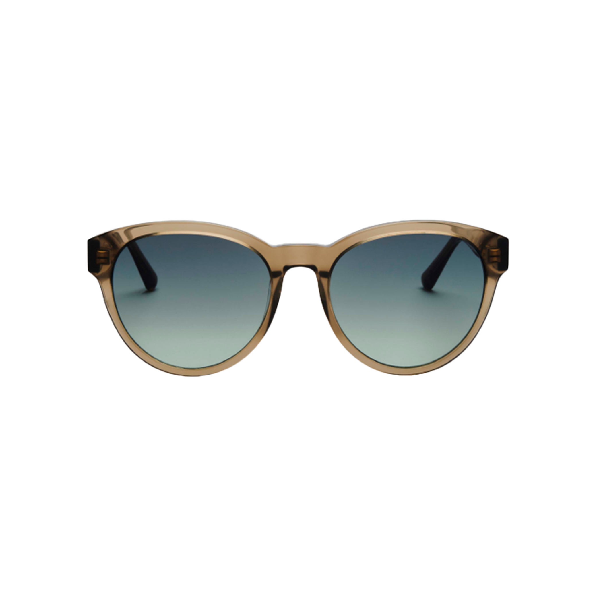 Unisex Rita sunglasses by Messyweekend featuring a brown translucent acetate frame and dark gradient lenses offer UV400 protection. Pictured front-on against a white background, these stylish round sunglasses seamlessly blend fashion with practicality.