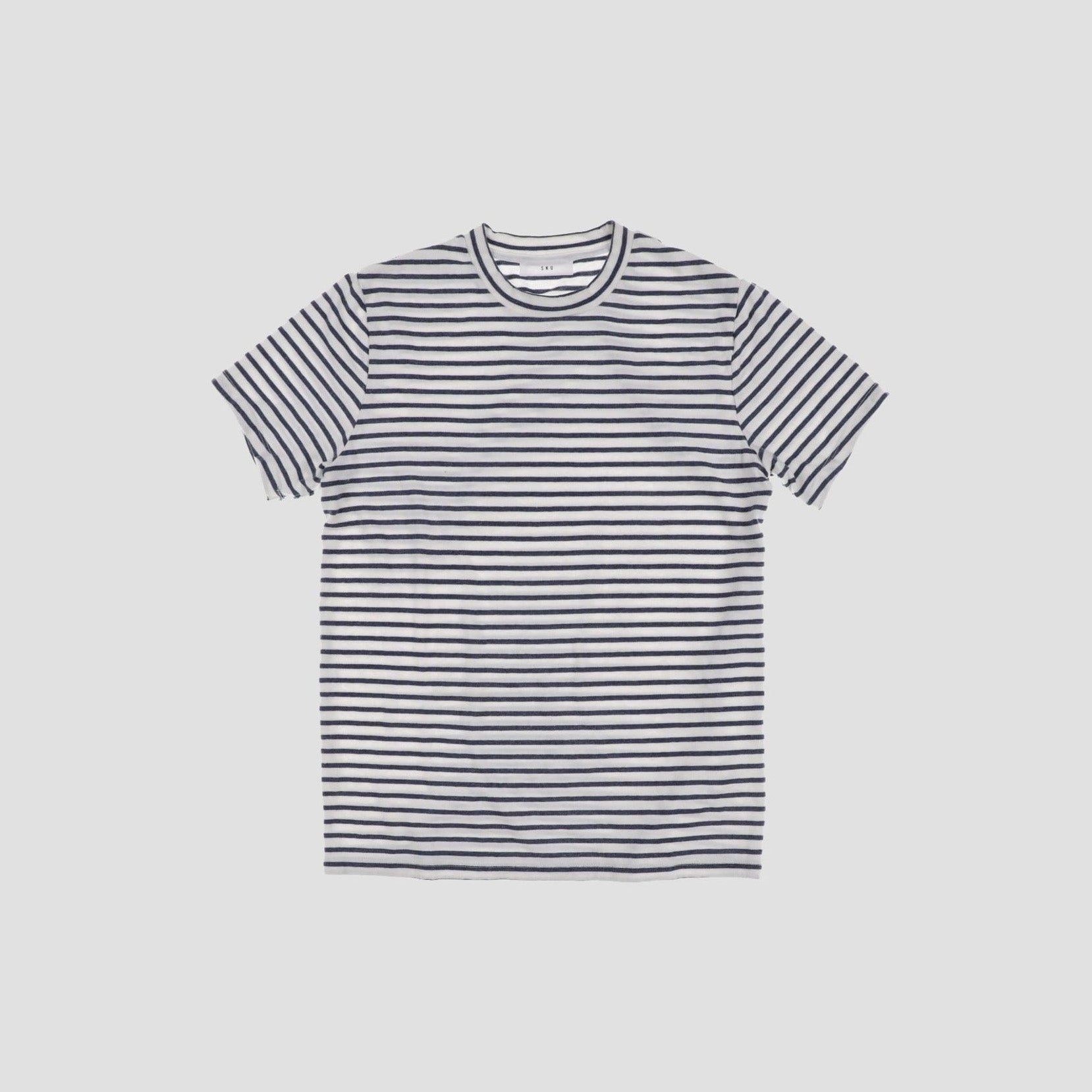 The Save Khaki S/S Organic Hemp Stripe t-shirt in white features black and white horizontal stripes, a crewneck, and short sleeves, shown laid flat on a plain light background.