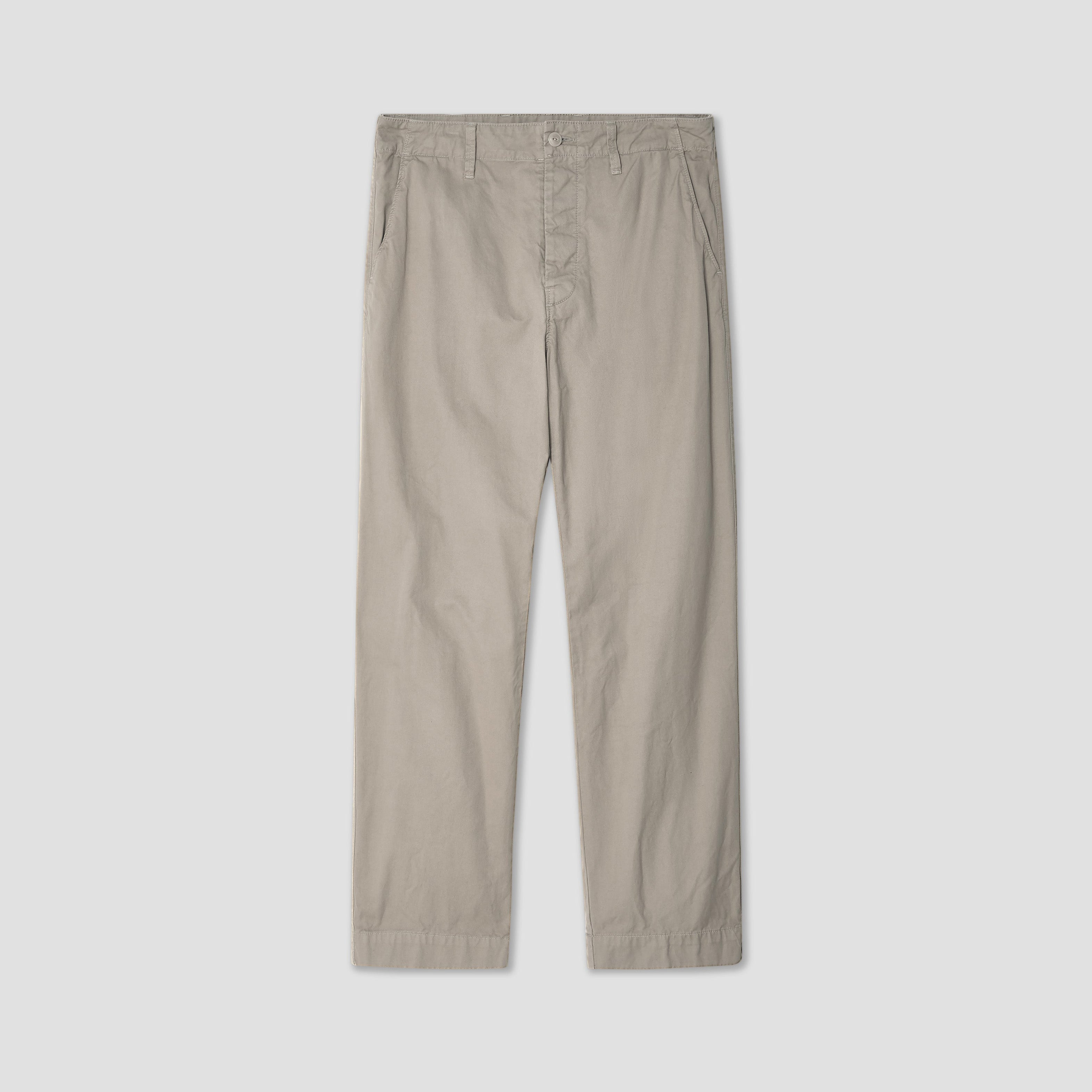 The Save Khaki Weekend Chino in khaki features straight-leg cotton twill, side pockets, belt loops, and a button closure, shown against a plain white background.