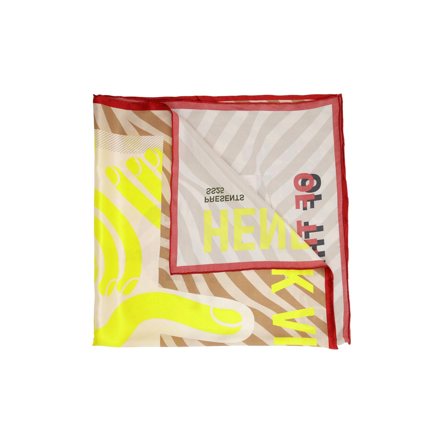 The Orchestra Silk Scarf by Henrik Vibskov, neatly folded, features a square shape with a red border, yellow and beige abstract patterns, and mirrored black and red logo print text on a light background.