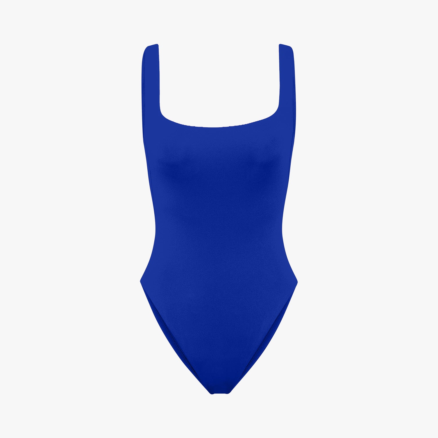 The Left On Friday Streamline Suit is a solid blue one-piece swimsuit featuring a square neckline, high-cut legs, and medium bum coverage, shown on a white background.