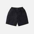 The Gramicci Nylon Loose Short, made from black wind-resistant nylon with an elastic waistband and adjustable belt, is shown flat on a light gray background.