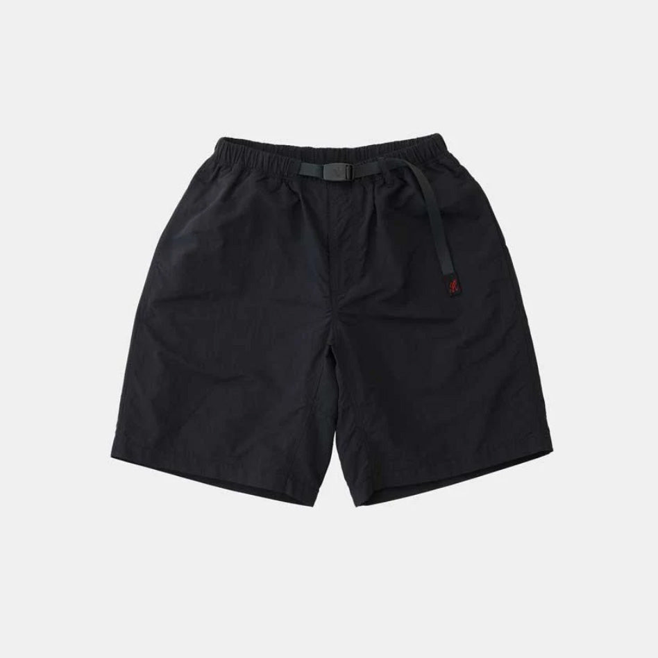 The Gramicci Nylon Loose Short, made from black wind-resistant nylon with an elastic waistband and adjustable belt, is shown flat on a light gray background.