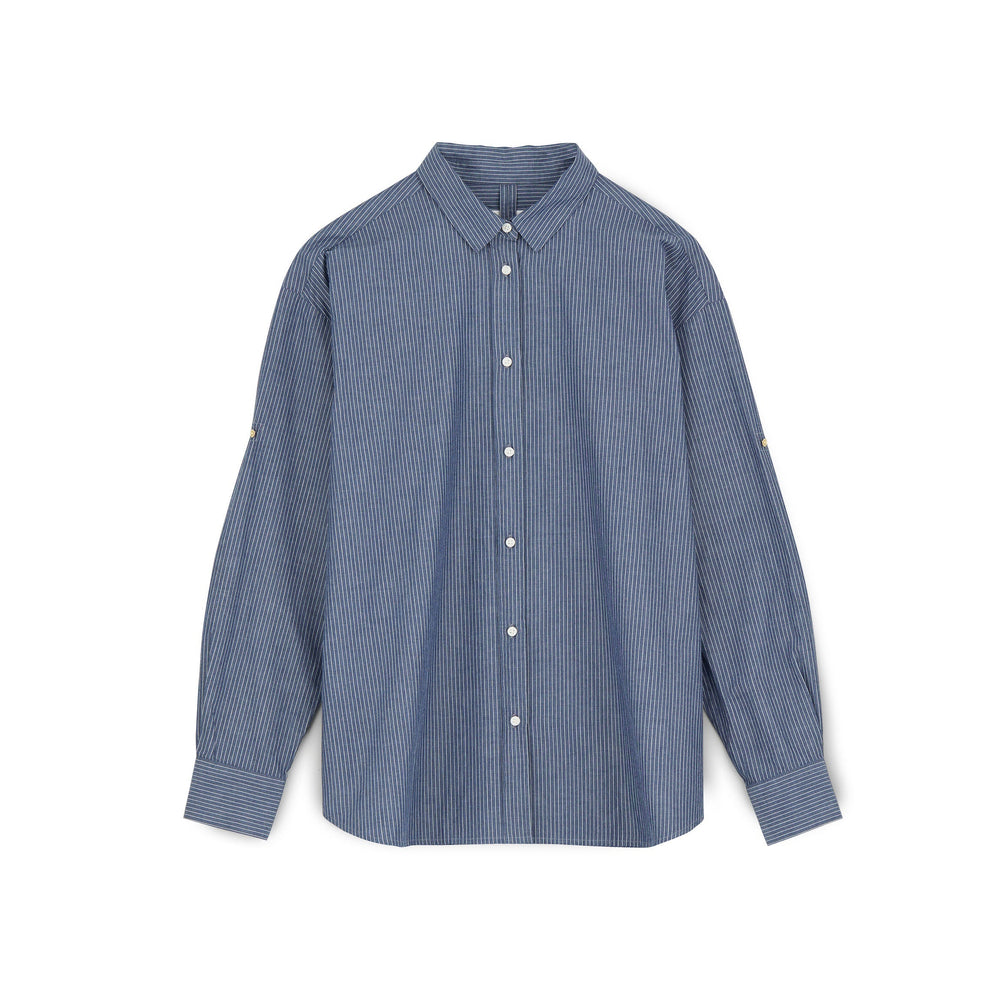The Letto Shirt by Aiayu is a blue and white striped long-sleeve button-up, made from Chetna Organic Cotton and featuring a classic collar for a refined look.