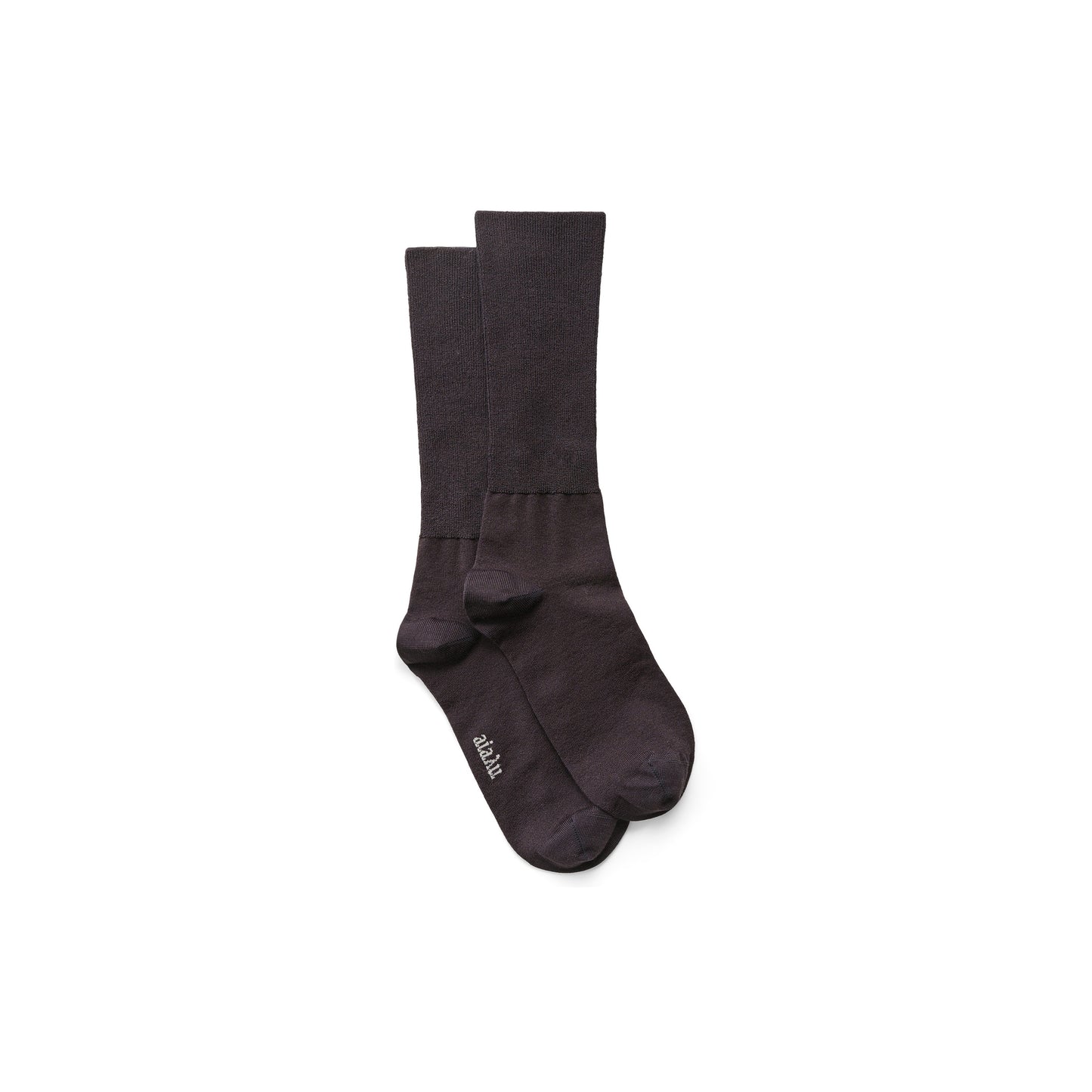 A pair of Aiayu Silk Socks in dark gray lays flat on a white background, with "alam" near the toe. Designed for breathability, these crew socks offer comfort and style all day.