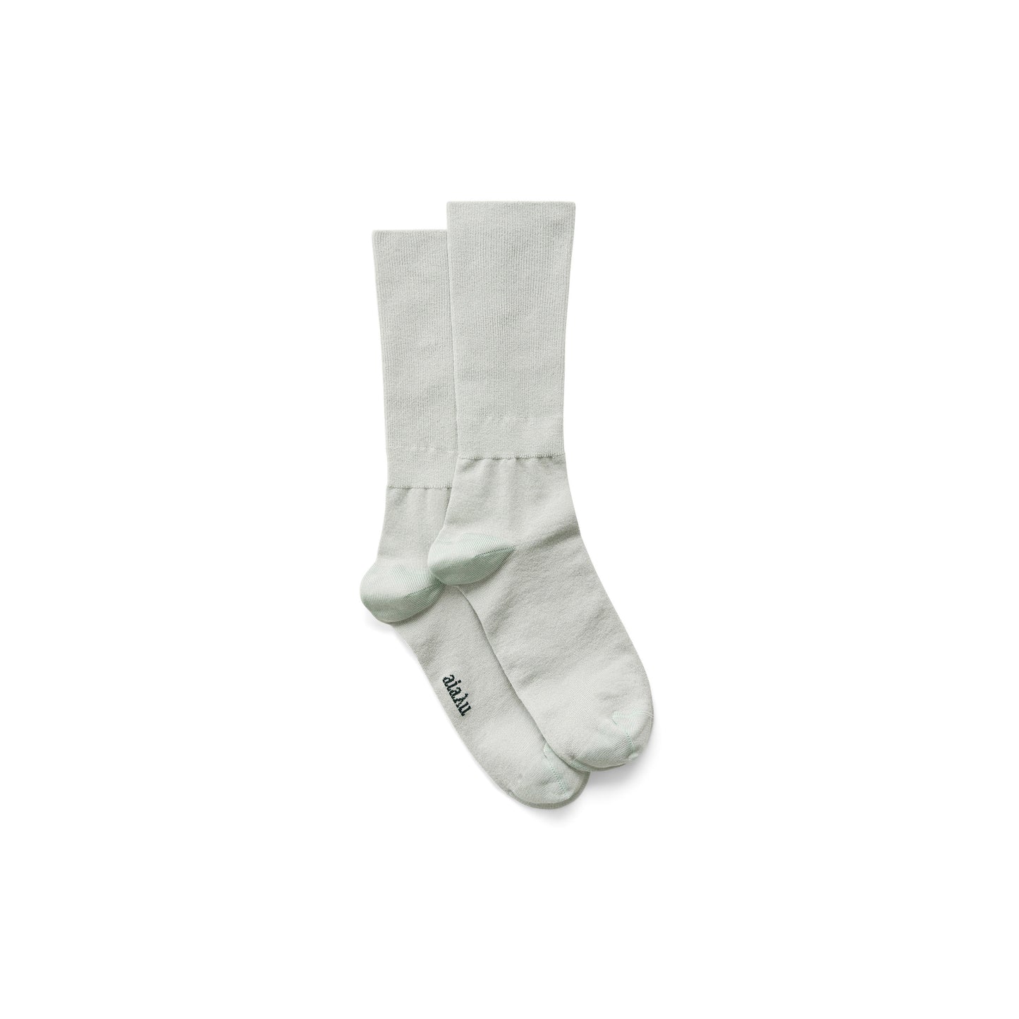 A pair of light green Silk Socks by Aiayu with reinforced toe and heel, superior breathability, and "Aiayu" text on the side of one sock.