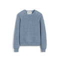 The Suki Striped Sweater by Aiayu showcases a cozy llama wool construction with blue and white stripes, long sleeves, and ribbed cuffs.