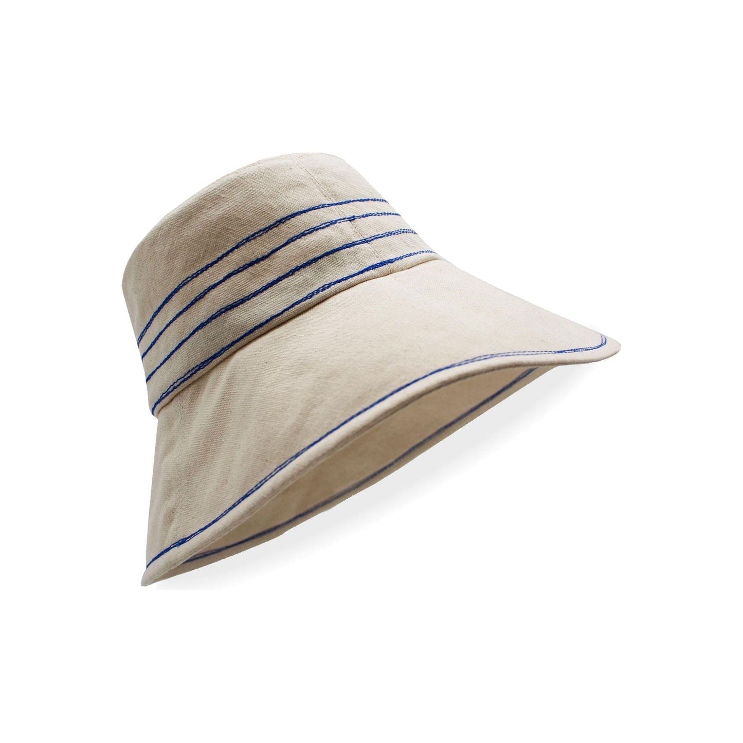 Beige bucket hat with Tide Lines, Cobalt stripes on a white background by Lola Hats.