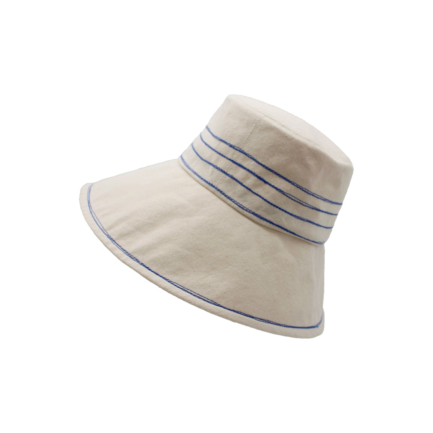 White Tide Lines bucket hat with cobalt blue stitching isolated on a white background by Lola Hats.
