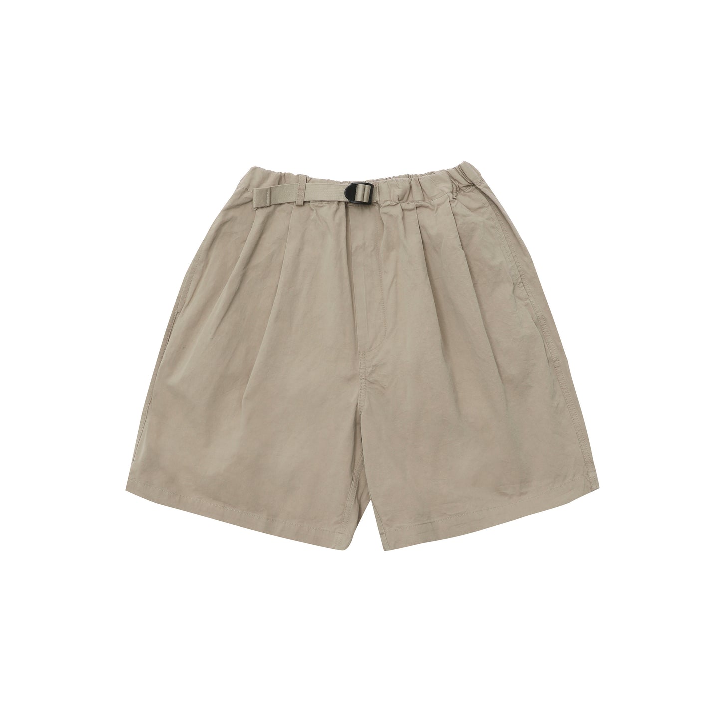 Kappy Two Tuck Wide Half Pants in light beige, featuring pleats, a belt, and an elastic waistband, shown on a white background.