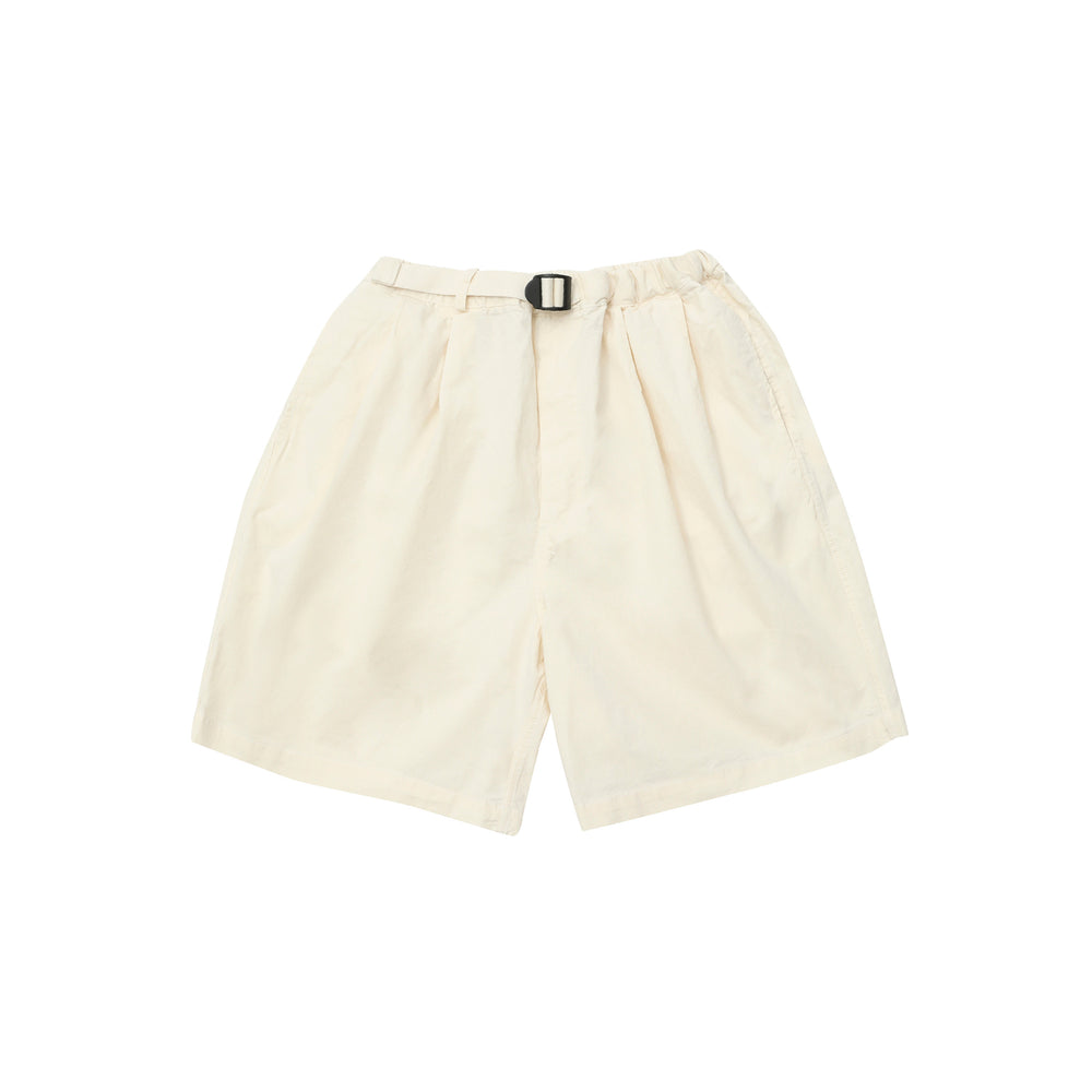 Kappy's Two Tuck Wide Half Pants in light beige feature front pleats, side pockets, and a black buckle belt, shown on a white background.