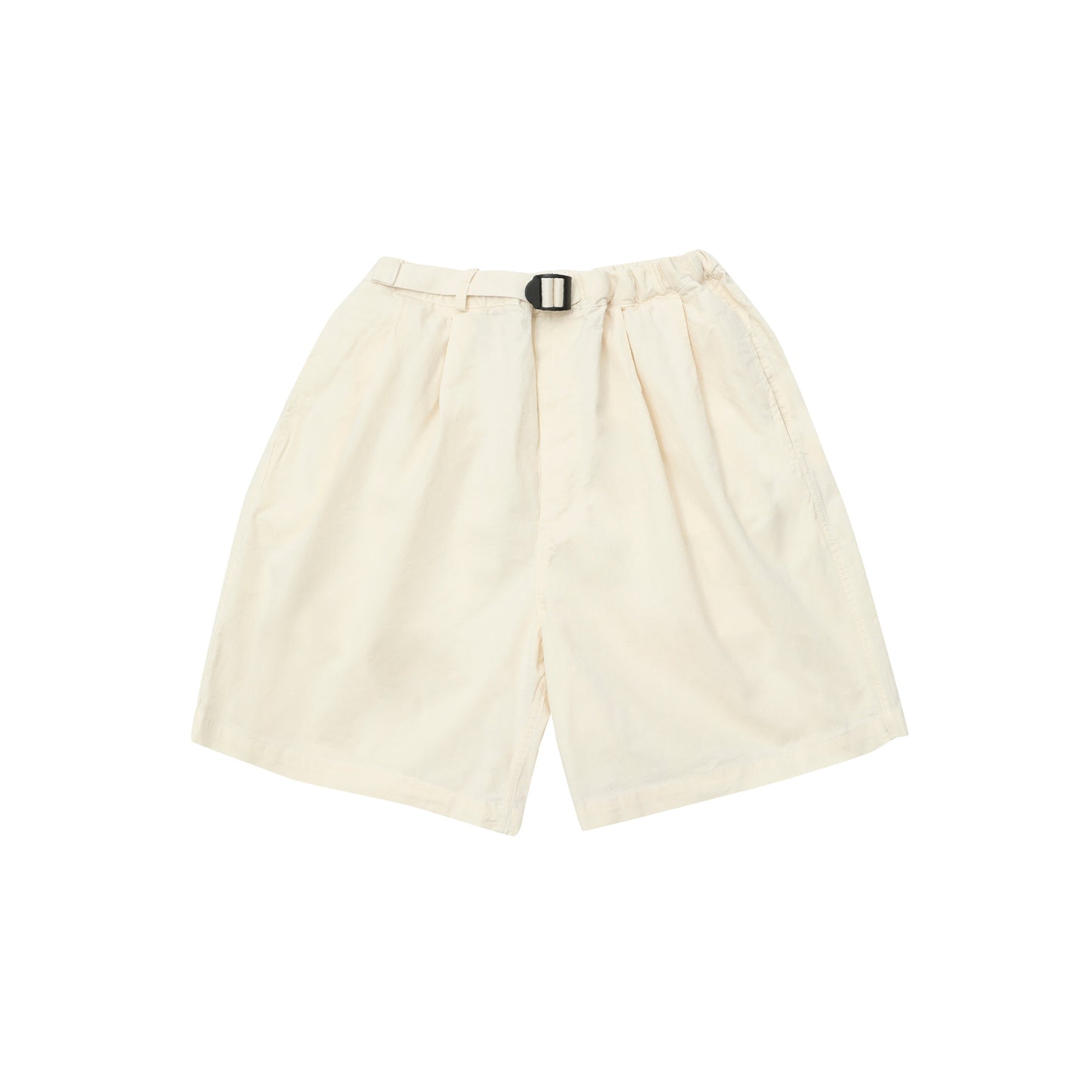Kappy's Two Tuck Wide Half Pants in light beige feature front pleats, side pockets, and a black buckle belt, shown on a white background.