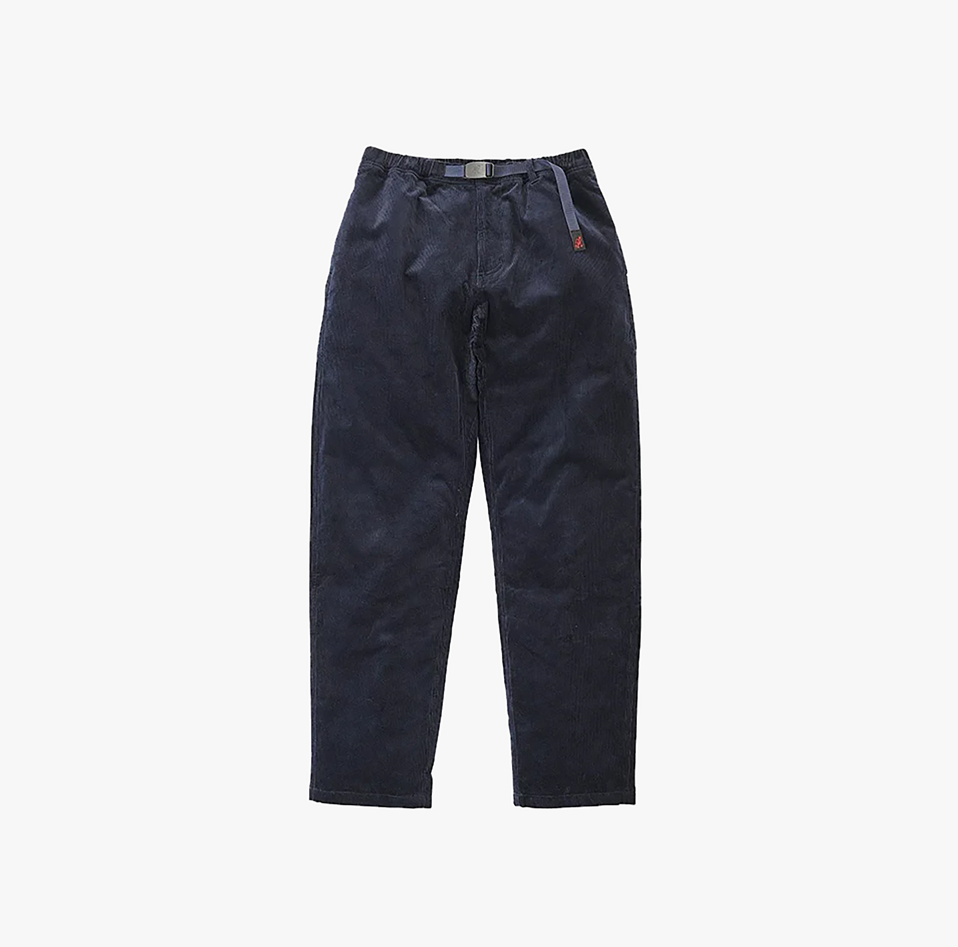 The Gramicci Corduroy Gramicci Pant in dark navy features stretch corduroy, a relaxed fit, and an adjustable webbing belt at the waist. Shown on a plain white background.