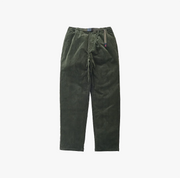The Gramicci Corduroy Gramicci Pant features dark green stretch corduroy, an elastic waistband, adjustable buckle belt, and relaxed fit inspired by the classic style, shown on a plain white background.