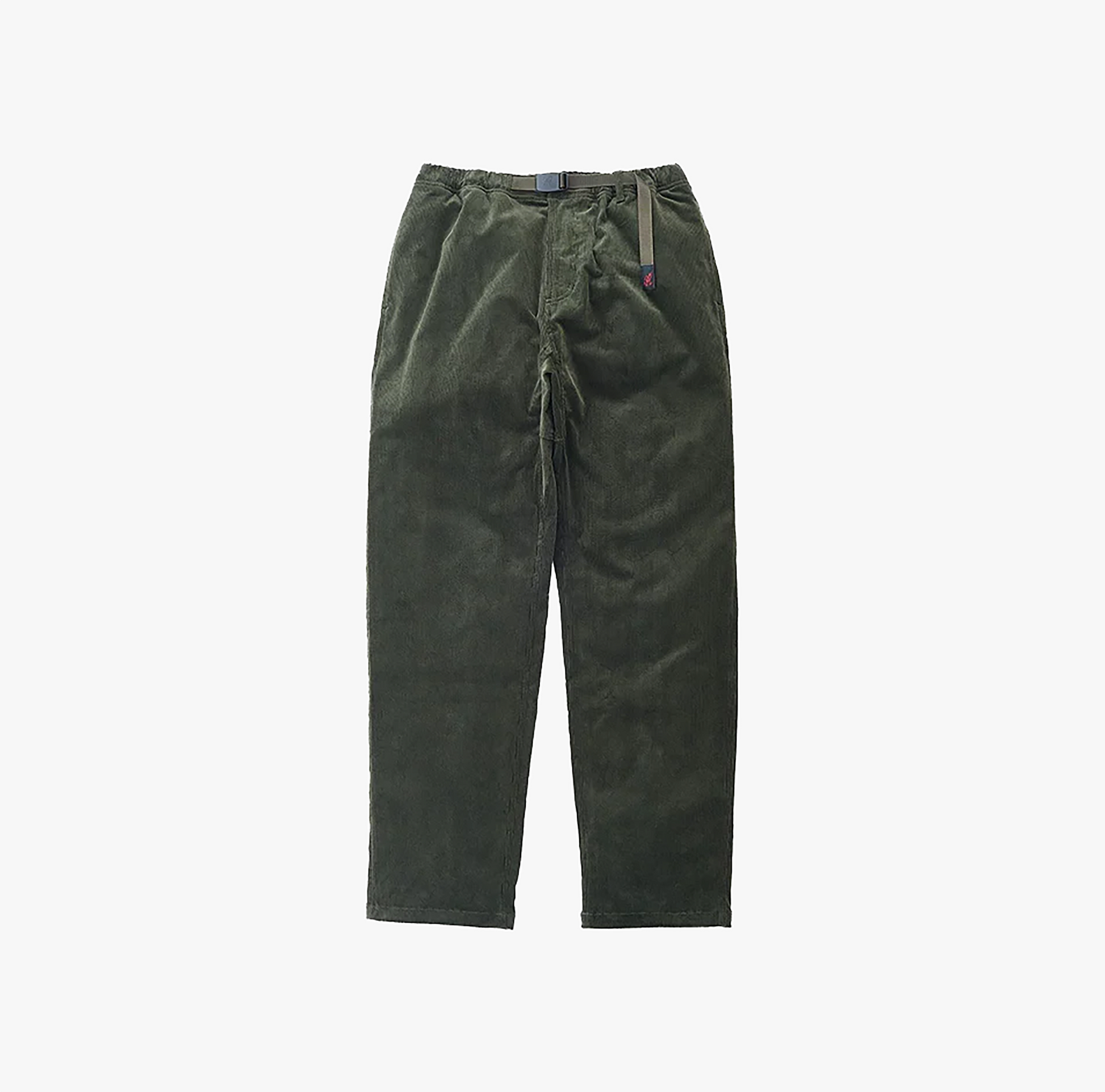 The Gramicci Corduroy Gramicci Pant features dark green stretch corduroy, an elastic waistband, adjustable buckle belt, and relaxed fit inspired by the classic style, shown on a plain white background.