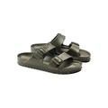 Birkenstock Arizona EVA Narrow sandals in khaki, featuring two adjustable buckle straps, water-friendly material, textured footbeds, and ridged soles. Shown on a white background.