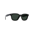 Myles by Raen Optics features black crystal frames and dark green polarized lenses on a white background, offering a vintage silhouette that adds timeless elegance to any look.