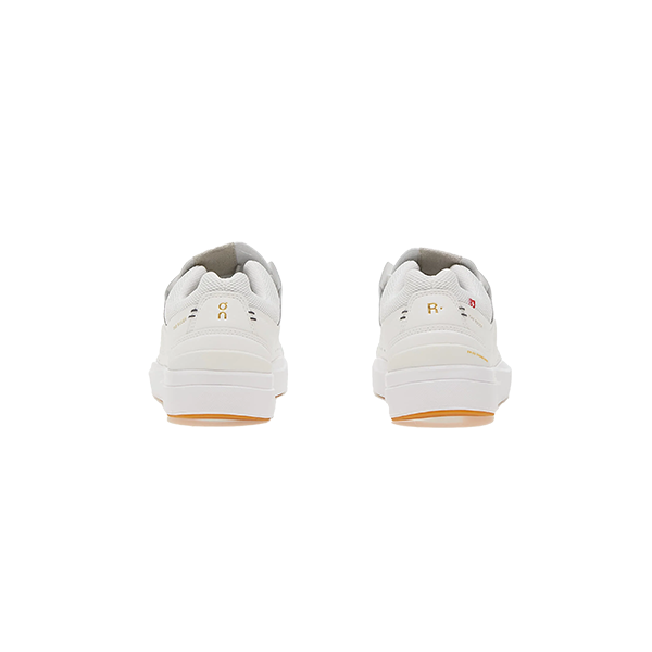 Men's The Roger Centre Court 2 by On Running, shown from the back with gold branding and light brown soles, bring tennis-inspired style and effortless appeal against a plain white background.